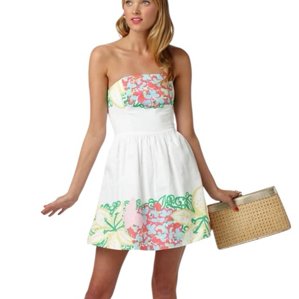 Lilly Pulitzer Lottie White Floral Print Strapless Flared Mini Dress - 4